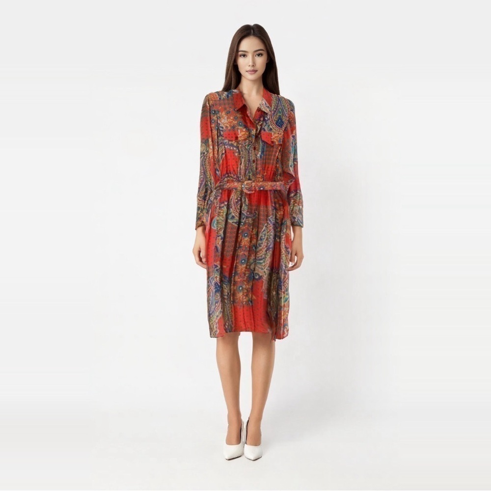Vintage Graphic Paisley/Floral Pleated Shirt Dress